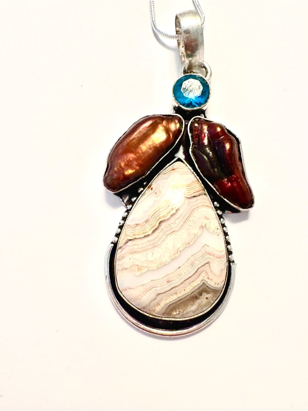 2 1/2 inch,, Yellow Lace Agate , Biwa Pearls, and Blue Topaz pendant on a chain